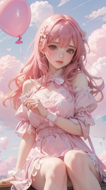 beauty, hidden face, 1 female, high quality, (【【8k, desktop, Best, official art, beauty詳細, beauty的燈光, Girl sitting on pink clouds，Floating in the sky，pink clouds，Cute girl wearing white lace and slender shoulders，Holding love balloon in hand