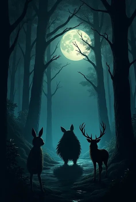 "A moonlit jungle scene with tall, dark trees casting eerie shadows. Shirro is seen sneaking out of his den, with his back towards the viewer. Bunny and Deer watch him from a distance, looking concerned as they wonder where he goes every night. The jungle ...