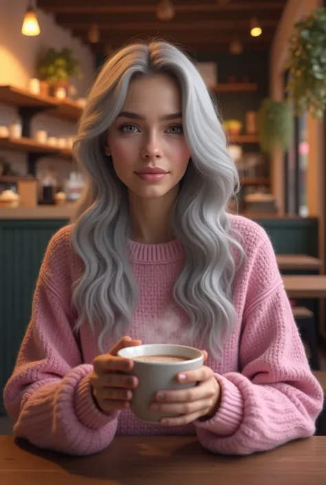 Woman drinking a cup of hot chocolate in a cafe. The latina girl with long silver hair in a pink sweater. 