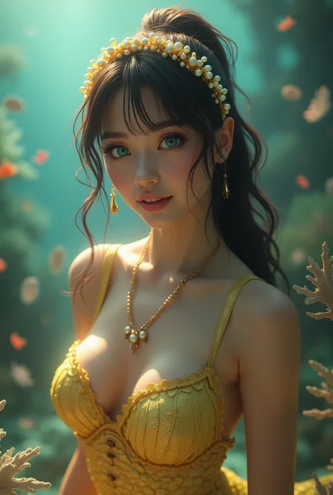 A beautiful caucasian mermaid with dark brown hair and teal colour eyes wearing a yellowish green seashell bra and golden yellow mermaid tail. The hair is tied in a ponytail with a pearly golden yellow hairband and headpiece. The image should be as realist...