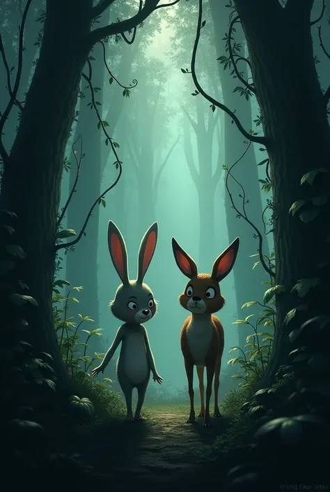 "Bunny and Deer are nervously walking through the dark jungle, surrounded by thick trees and vines. Strange scratching sounds echo through the woods, and the two friends look frightened. The scene is filled with suspense, with shadows looming around them a...