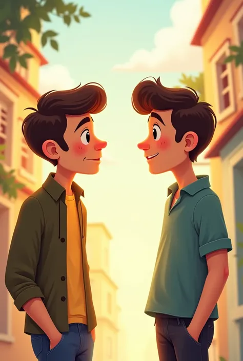 Make me a picture of two men (animated) talking and one is a little sad the image with colors that are young that do not have beards that the background is not so colorful of the background
