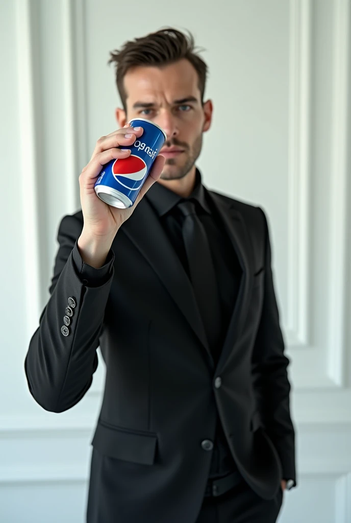 a young adult italian 2 Ben Affleck wearing a black ceo suit and a black tie drinking a pepsi can at a at a white fancy room