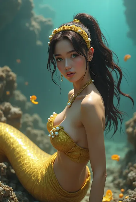 A beautiful caucasian mermaid with dark brown hair and teal colour eyes wearing a yellowish green seashell bra and golden yellow mermaid tail. The hair is tied in a ponytail with a pearly golden yellow hairband and headpiece. The image should be as realist...