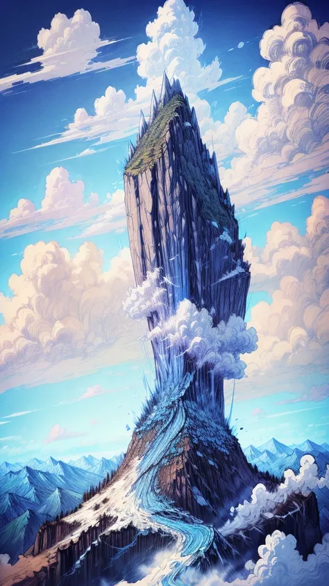  A mountain peak with breathtaking views, wispy clouds float below, and the sky is a vivid blue. 