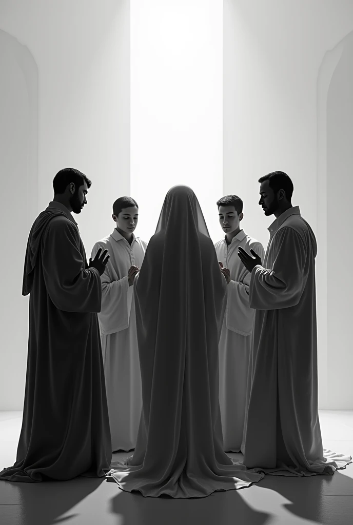 5 people praying in casual clothes , black and white