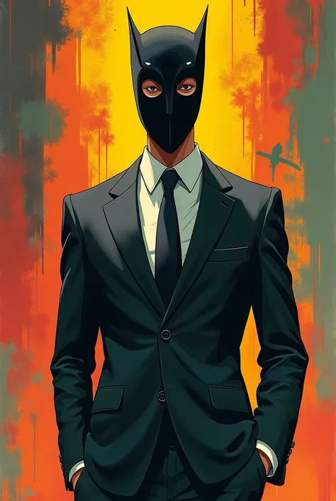 A person in a suit and a mask, the style has to have an animation style like a 70s animated film in the style of Ralph Bakshi