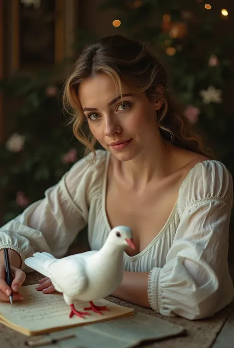 a photograph of  a woman writing in a piece of paper with a white dove beside her