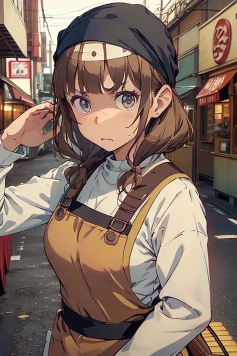 ​masterpiece、top-quality、40-year-old brown-eyed woman with brown hair、Wearing a bandana on the head、japanese comic book、Wearing an apron、(Worried look:1.3)、(Staring:1.5)、(Close-up of the subjects face:1.3)、Bakery in the background、Have bread、Bold compositi...