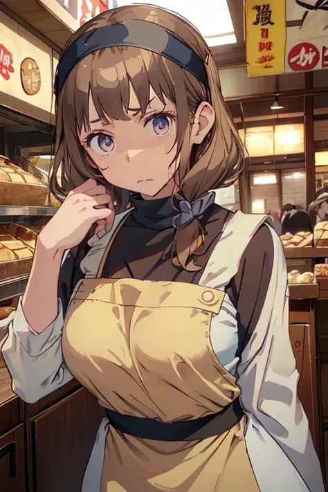 ​masterpiece、top-quality、40-year-old brown-eyed woman with brown hair、Wearing a bandana on the head、japanese comic book、Wearing an apron、(Worried look:1.3)、(Staring:1.5)、(Close-up of the subjects face:1.3)、Bakery in the background、Have bread、Bold compositi...