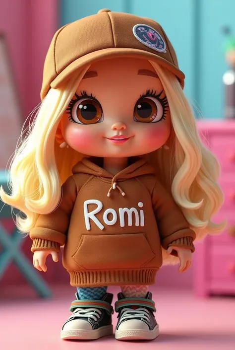 A Bratz doll with shoulder-length blonde hair, light skin, and brown eyes. She is chubby. She wears a brown cap and a brown sweatshirt that has her name on it. "ROMI."
The doll can be seen from the navel up.