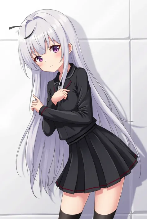 Anime girl, black skirt, black shirt,  long white hair, showing her pussy, overknee socks, slight smile, school girl