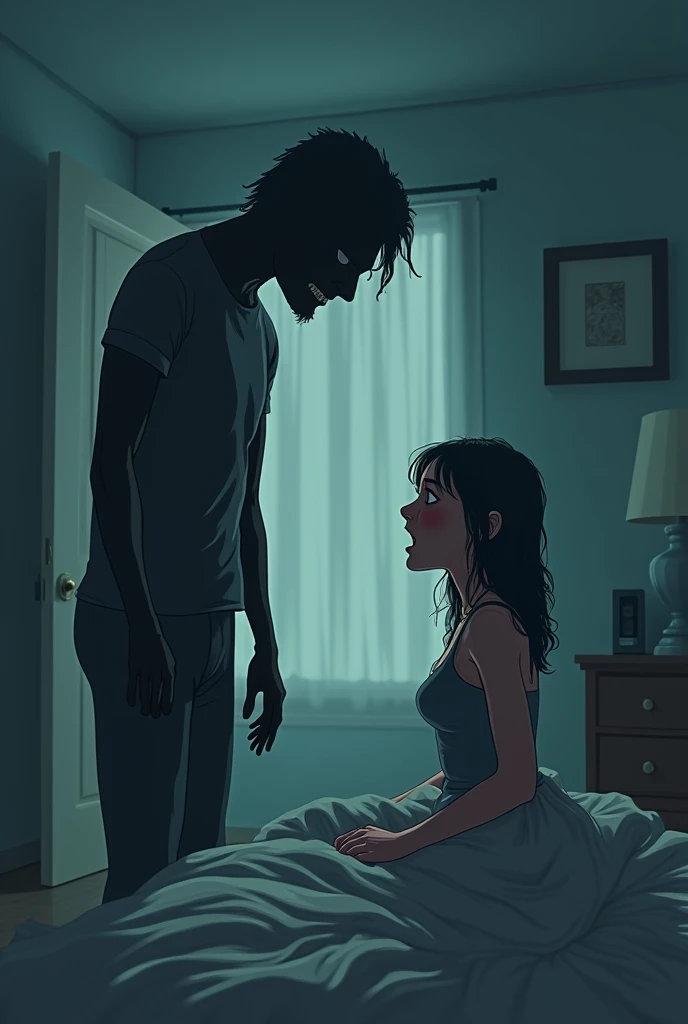 Man with wrong intentions conversing with
 a woman in her bedroom while shes scared faceless cartoon image
