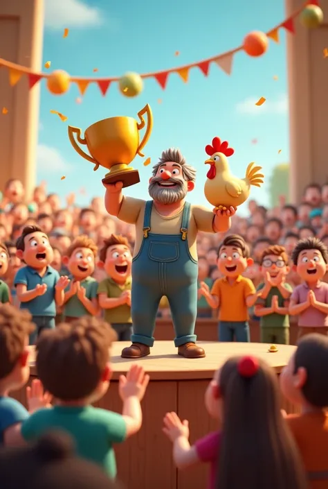 Create 3D cartoon characters, a crowd of people applauding Zé, an adult farmer and his chicken standing on the stage holding the trophy. 