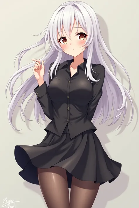 Anime girl, 17yo, black skirt, black shirt,  long white hair, showing her pussy, antyhose, slight smile, school girl