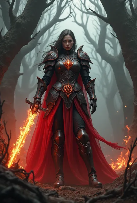 "A celestial female warrior in red and black plate armor, wielding a flaming sword, standing in a clearing in a dark and twisted forest, surrounded by shadows and demonic creatures, expression of anger and madness, Warm white and contrasting colors, Gothic...