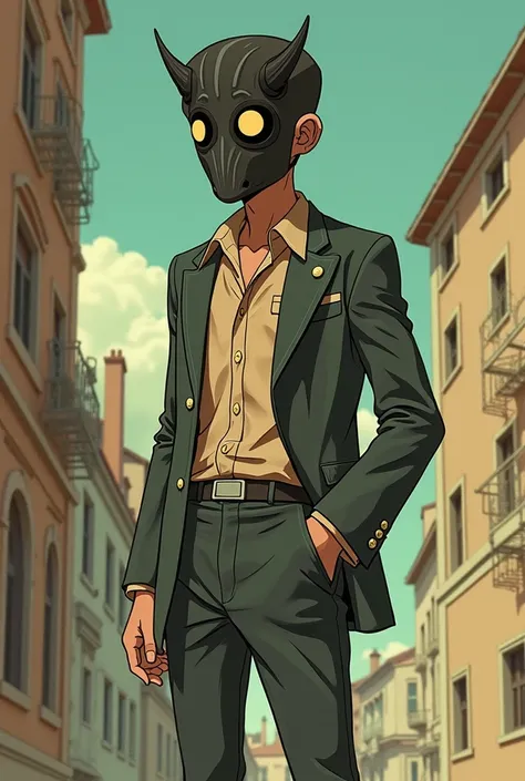 A person with a suit and a mask, the style has to have an animation style like a 70s animated film in the style of Ralph Bakshi, it has to have some exaggerated parts like a cartoon, imagine an animated film from the 70s, where the suit is not tied but loo...