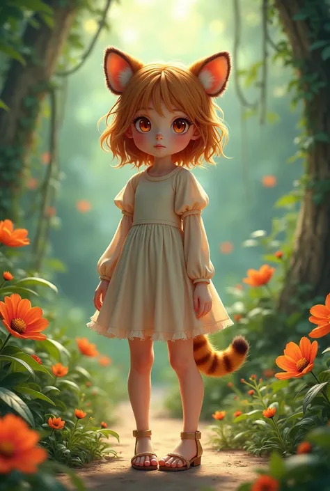 girl, long romper dress, heels, button nose, coily honey brown hair, honey orange eyes, tiger ears, tiger fur,  junglelcore background, detailed, refine, unreal engine, digital art, anime illustration