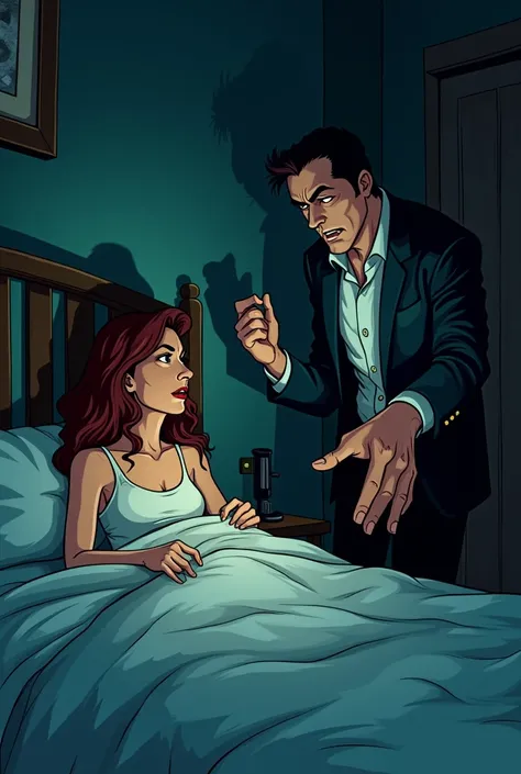 Man with wrong intentions calling out a woman to sit with him on the bed cartoon image from the womans perspective 