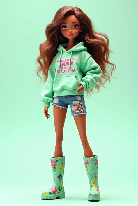 An award-winning masterpiece a stylized doll with long, wavy hair and a fashionable outfit. She is wearing a mint-green hoodie with playful graphics and text, paired with distressed denim shorts that have colorful designs. Her look is completed with knee-h...