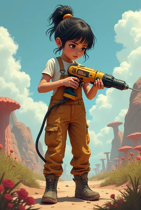 create. An image of a girl in work overalls on a planet far from Earth holding a drill and in a work pose