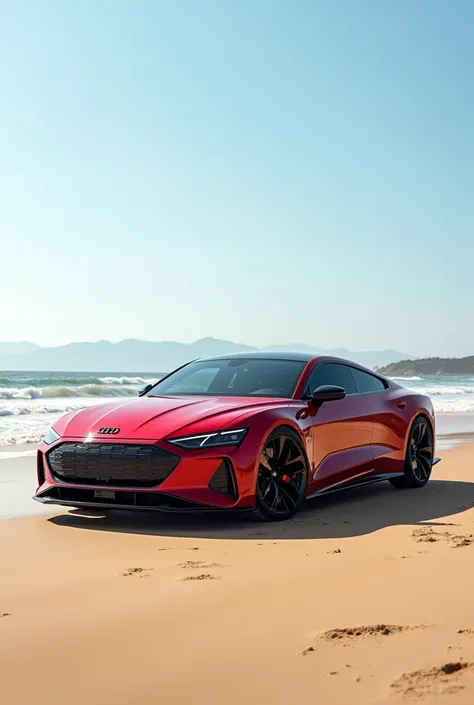 Red Audi RS E Tron GT on a beach