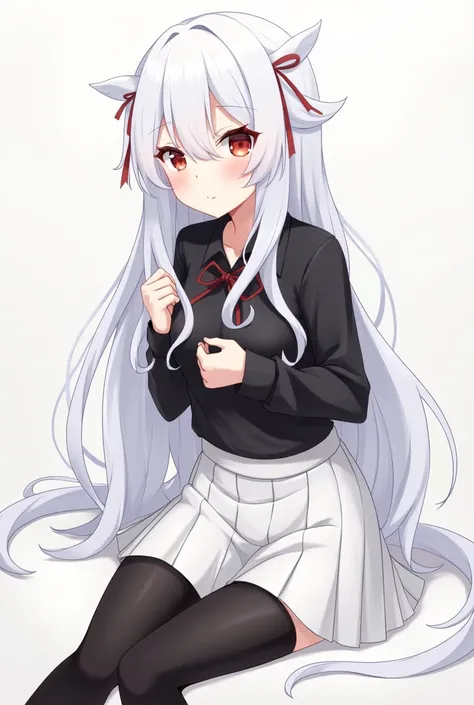 Anime girl, 17yo, white skirt, black shirt,  long white hair, showing her pussy, leggings, slight smile, school girl, sitting