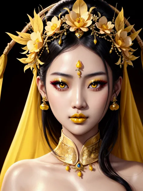 a hyper realistic portrait of an asian woman with yellow eyes and glossy yellow lips and very shiny skin
