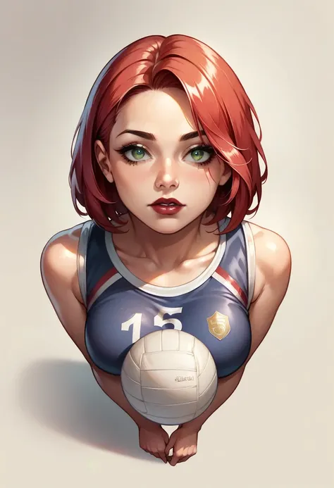 (high-level image quality), (high quality), (high resolution), (detailed), (masterpiece), beautiful young woman, ((caucasian)), green eyes, red hair, medium bob, dark red lipstick, volleyball, blank background, from above, looking to sidew