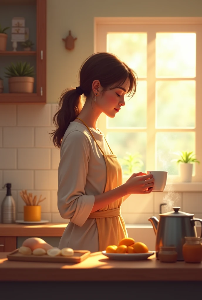 A mother making breakfast while drinking coffee