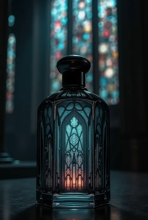 make a perfume with a gothic art theme, reference to the stained glass windows and cathedral of Cologne in Germany with a box, beautiful and modern with box 