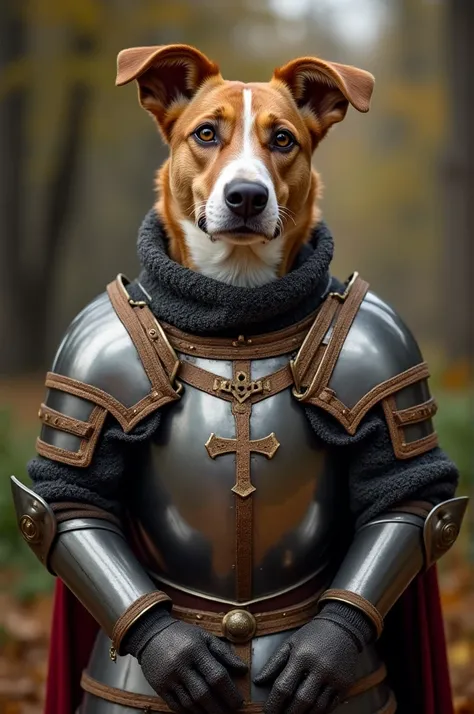 Create an image of a dog in medieval armor 
