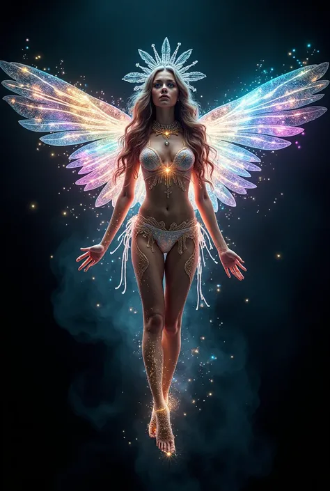 Magical fantastic winged GODDESS: Ultra realistic capture, 18 K, raw photos, highest quality, masterpiece, reality, very detailed, very beautiful woman, detailed face, glowing skin, rainbow, 2, Model body type, female, caderas anchas y Big breasts, clothes...