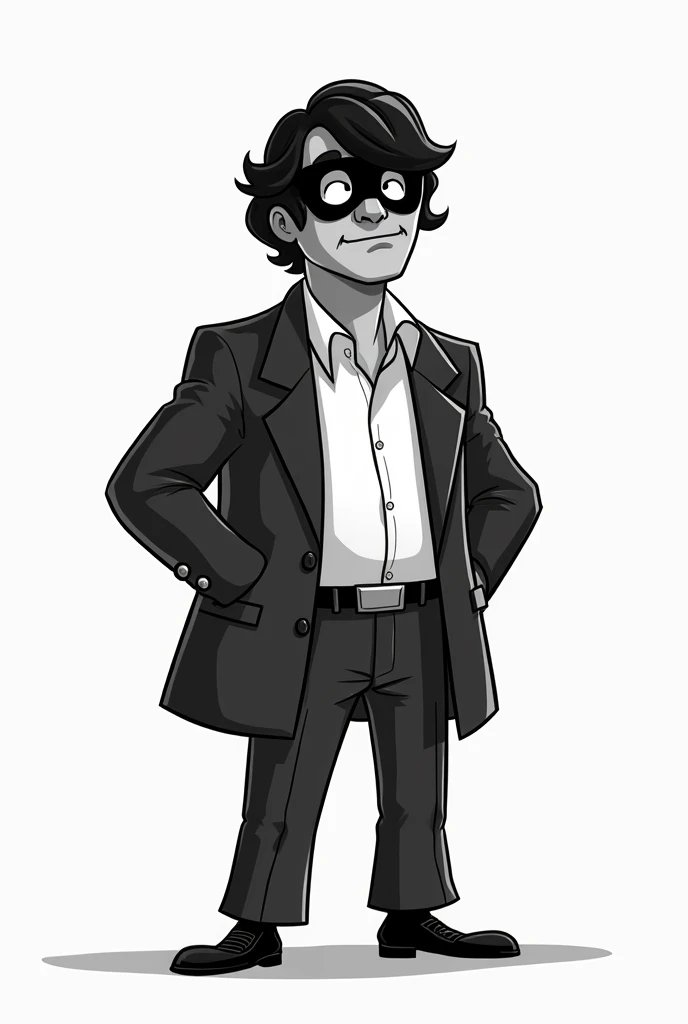 A person in a 70s style suit has to be animated in 2D, in a cartoonish way and in black and white, with the shirt, that is, the open jacket, and with a mask. 