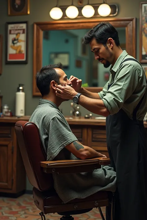 Skinny Peruvian barber cutting a client&#39;s hair 