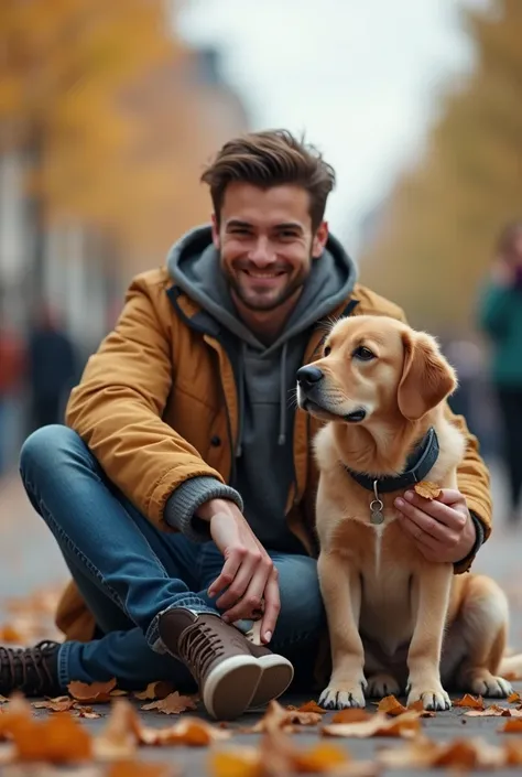 Urban handsome man, in his early 20s, smiling, focus on holding pouch of snacks in one hand, sitting with his dog, urban surrounding, early autumn sunny day, hyperdetailed photography, front low angle shot, depth of field, close up, ultrarealistic, soft li...