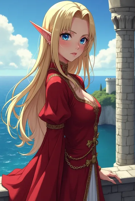 (masterpiece), highly detailed, masterwork, detailed illustration, anime woman, anime illustrations, golden ratio, perfect face, 1woman, elf, blonde hair, (((amazing ass))), standing, blue eyes, (beautiful red medieval queen outfit), frown, disappointed, a...