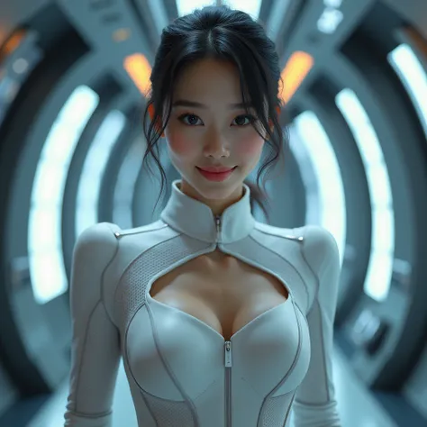 A beautiful young Asian woman, incredibly detailed, wearing a sexy spaceship attendant uniform, smiling, with an ideal curvy body and large breasts, in a well-lit, high-tech spaceship cabin, ultra-detailed, photorealistic, 8k, masterpiece