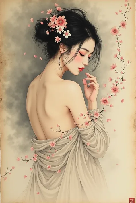 Ink Painting、Old paper texture、Damaged Paper、Old style、Faded color、Edo courtesan、Thick Fog、composition、Golden Ratio、Functional、grace、detail、background、Soft colors、Blurred Lines、The courtesan is surrounded by flower petals、A nude body is beautifully depicte...