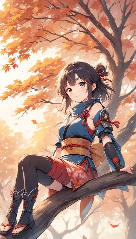 vector art、female ninja、Sengoku period、female ninja、Cute、sits on a tree branch, autumn tree, November