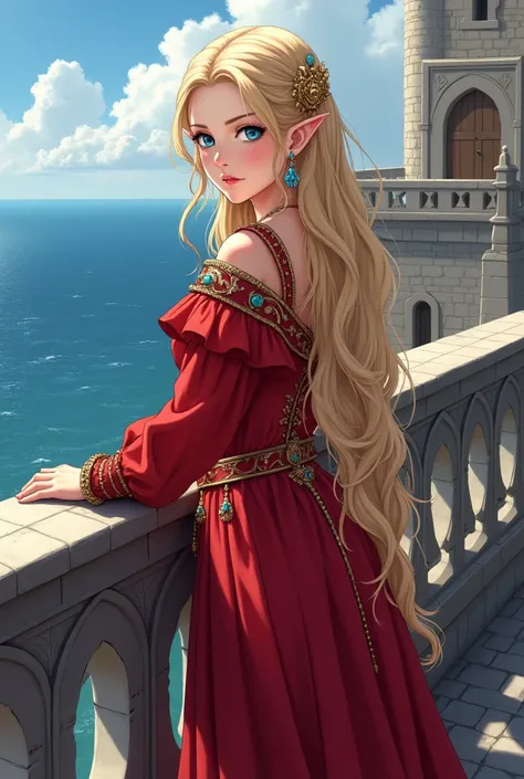 (masterpiece), highly detailed, masterwork, detailed illustration, anime woman, anime illustrations, golden ratio, perfect face, 1woman, elf, blonde hair, (((amazing divine large ass))), standing, blue eyes, (beautiful red medieval queen outfit), frown, di...