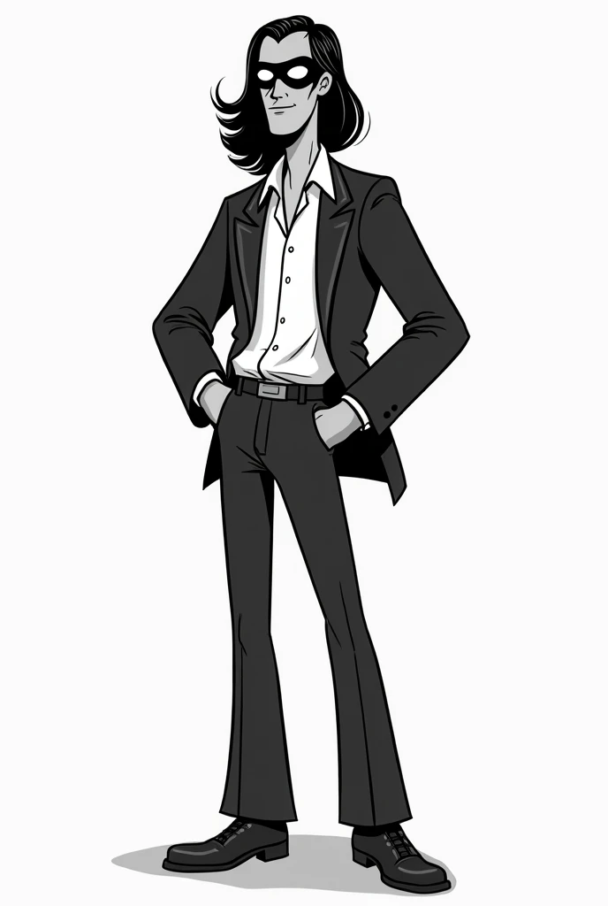 A person in a 70s style suit has to be animated in 2D, it has to be cartoonish and in black and white, you can see the shirt, that is, the open jacket, and it has a mask, the style has to be classic animation like those made by hand.