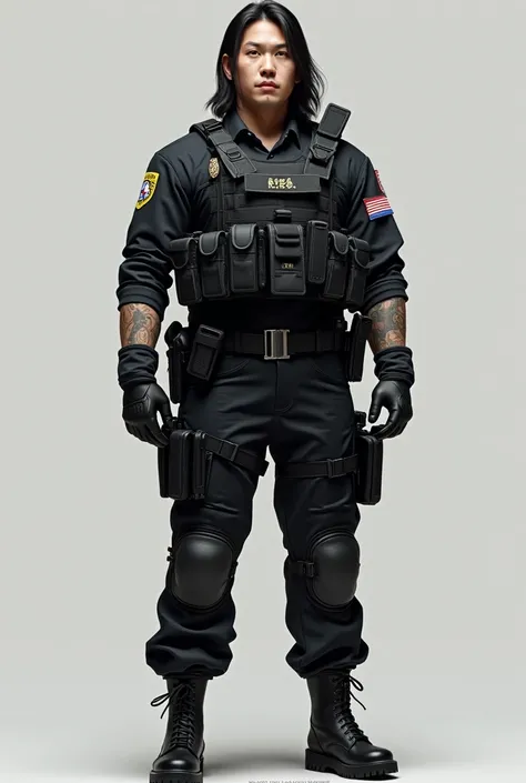 Asian gender the officer in the picture is dressed in a full tactical uniform.  And he also has a black tactical vest with several pockets and attached equipment., including what appears to be a badge on the left chest. There are patches on both arms, with...