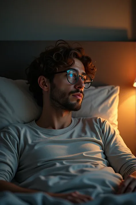 Man with curly hair and glasses in bed 