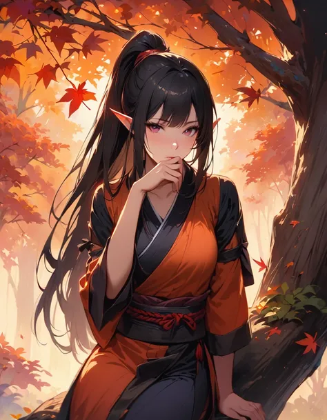 detailed textures, high quality, high resolution, high accuracy, Realism, color correction, correct lighting settings, harmonious composition. ((best quality)), ((masterpiece)), (detailed), 1 girl, sexual, elf, Black hair, long hair, hair tied in a ponytai...