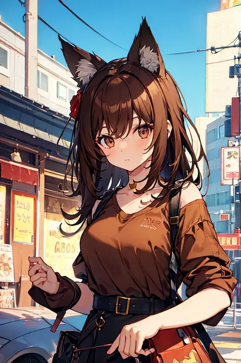 girl, long bright brown hair, brown eyes, cat ears,