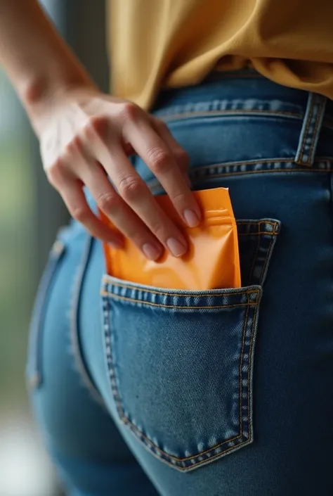 Close up of female hand pulling out pouch of snacks out of the back pocket of jeans, hyperdetailed photography, front low angle shot, depth of field, close up, ultrarealistic, soft lighting, 8k, photographic