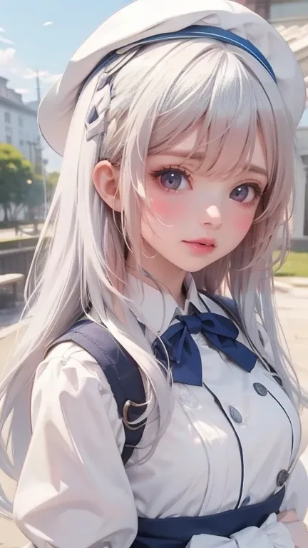 
Anime girl with white hair and blue hat,Look to the side
