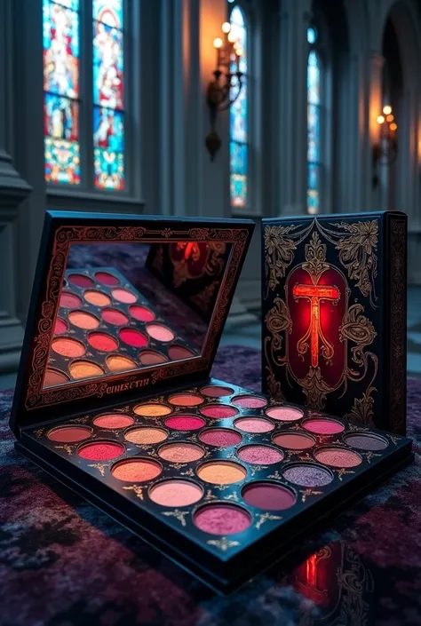 make a gothic art themed makeup palette, reference to the stained glass windows and cathedral of Cologne in Germany with a box, beautiful and modern with box, glass with gothic details