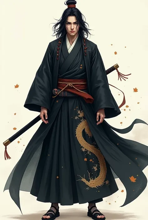 1 samurai in hakama with oriental dragon print, of a looser style, with 1,75 tall, shoulder length black hair, noble clothes with darker tones, male sex, noble clothes in darker shades, freestyle